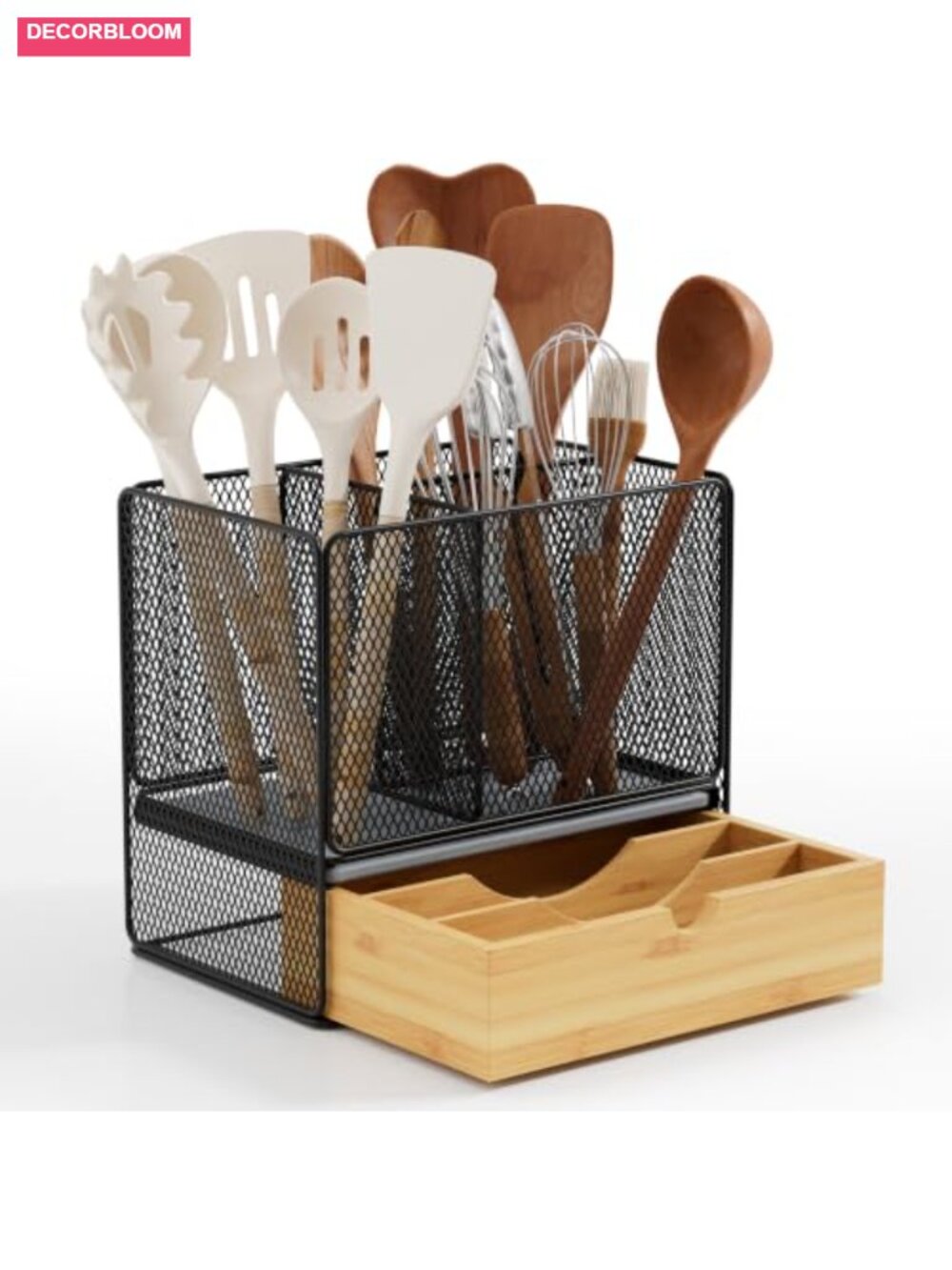 2-in-1 Kitchen Utensil Holder with Silverware Drawer Organizer, 3 Compartments,